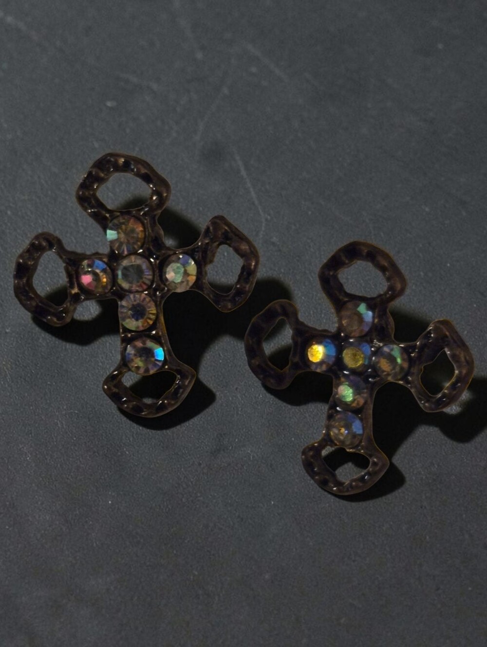Cross & Iridescent Stones Stud Earrings